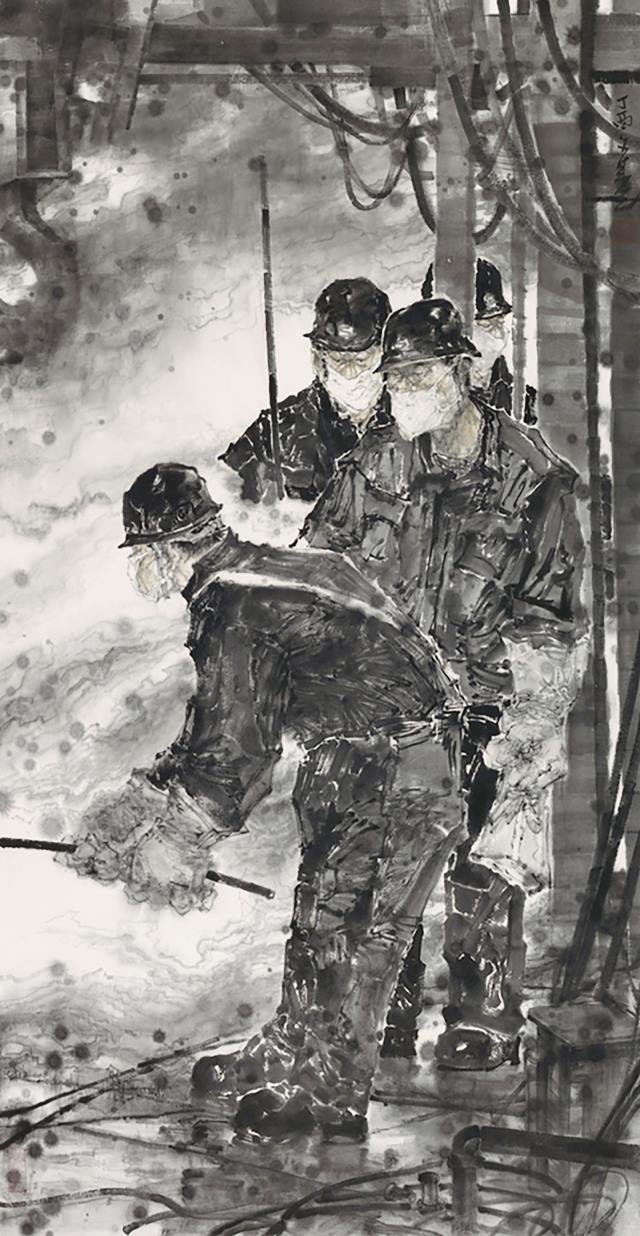 25張文來  《敘事沙鋼·三號爐口的清渣工》 193.2cm×100.4cm 紙本水墨 2017.jpg