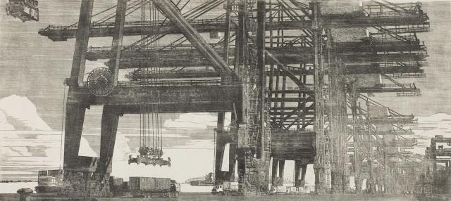 32陳中科 《海闊天高——南沙港印象》 54.2cm×119.4cm 黑白木刻 2014.jpg